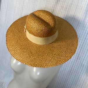 Vintage Woven Straw Hat with Wide Cream Ribbon Accent Band Sun Hat Beach Hat